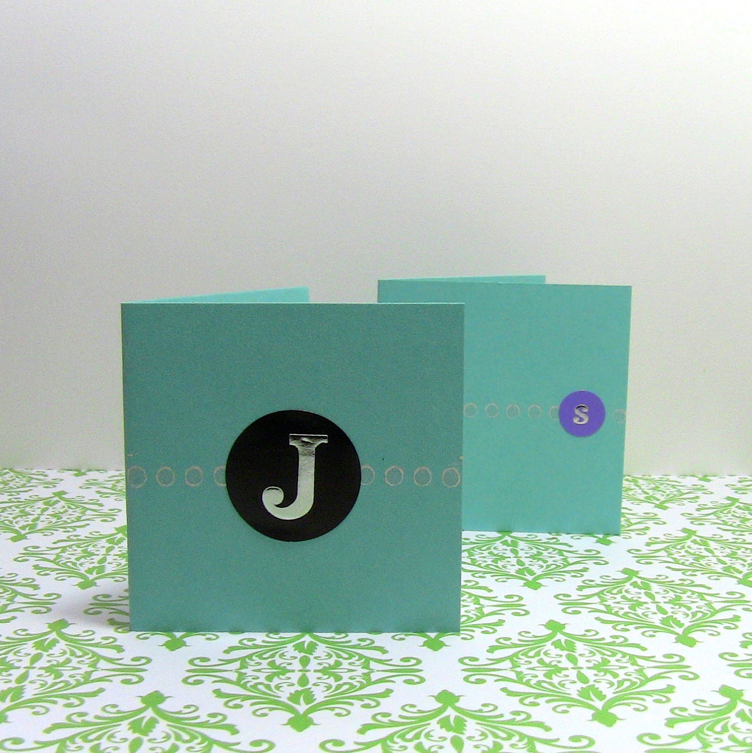 Set of 5 Personalized Circle Monogram Mini Cards / Tag with Silver Dots Design - Made To Order