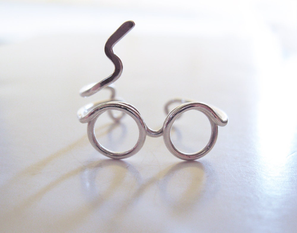 Harry Potter Ring - Glasses Ring, Lighting Scar - Sterling Silver Wire Wrap Ring, Adjustable - Cool, Funny, Geeky Gift for Friend