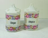 Vintage Spice Canisters Pink Floral Czechoslovakia Porcelain Set/2