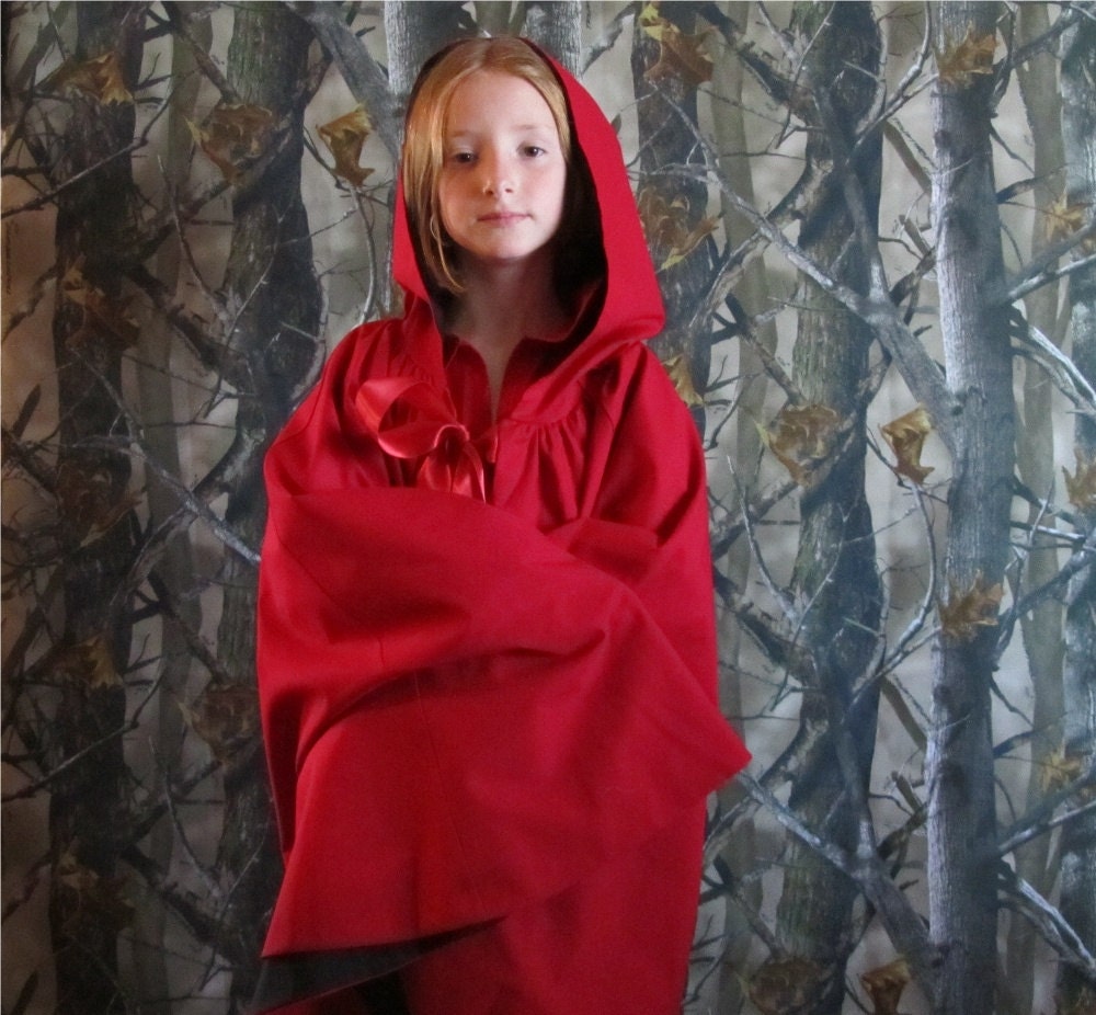 Child's Reversible Little Red Riding Hood Cloak or Cape In Bold Red, size 7 years to 12 years