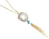 Latitude -- geode, turquoise chip, brass tube detail, and fringe necklace