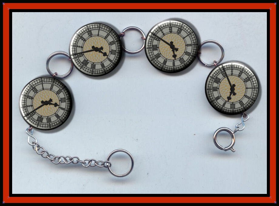 Big Ben Clock Tower Face Charm Bracelet with Rhinestones Altered Art Jewelry