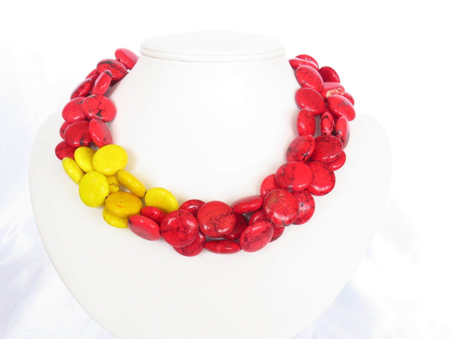 Red and Yellow Turquoise Necklace - Asymmetrical Red and Yellow Statement Necklace