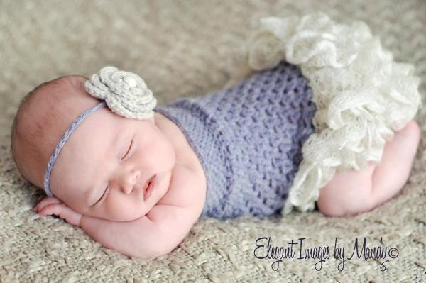 Crochet Ruffled Petti Romper and Matching Headband Photography Prop in Baby Alpaca Shimmer size nb and 0-3 months