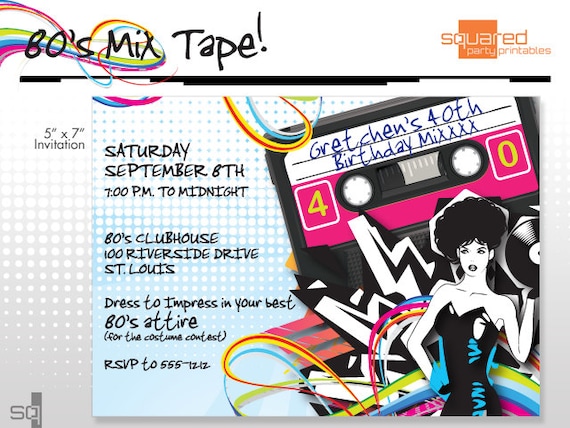 80's - 1980s Printable Birthday Party Invitation - DIY Print - Print it Yourself Eighties Invite Il_570xn