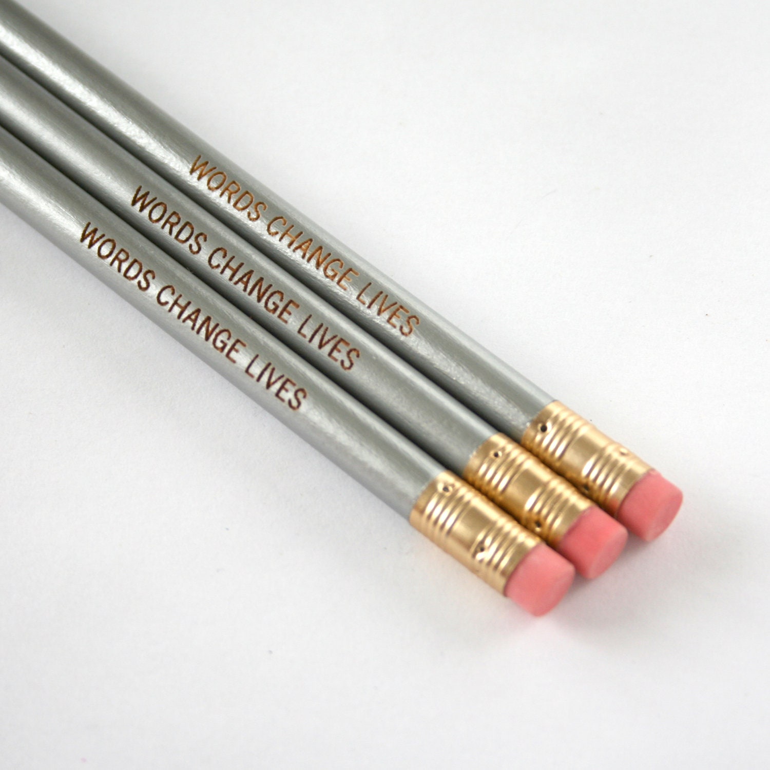 words change lives pencil set 3 engraved pencils in silver. back to school supplies.