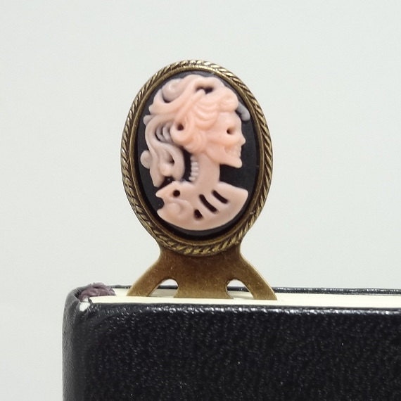 Gothic Lolita Bookmark Pink Skeleton On Black Cameo Antique Brass Toned Setting