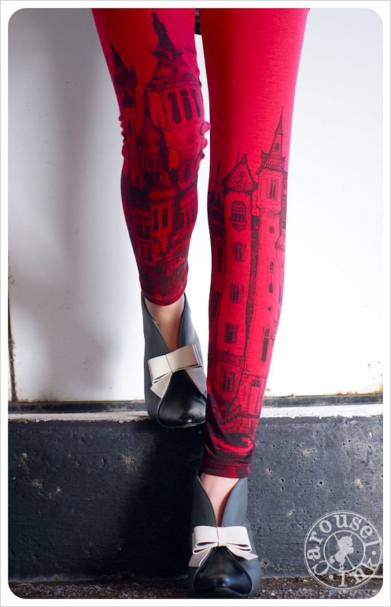 Red CITY Leggings - Printed Leggings - Womens leggings - Red Black Tights -  SMALL red Legwear