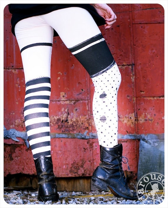 Pippi Leggings - Nude with Black Striped Legging Polka Dot Legging - NUDE - Legging - MEDIUM  Legging Womens Tights