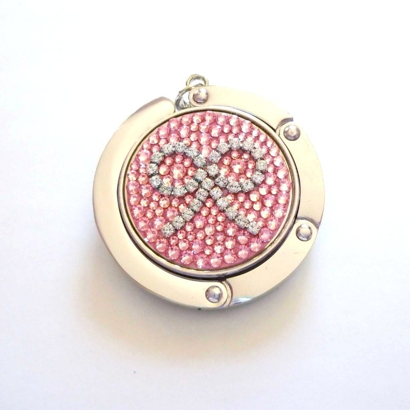 Cupchain Ribbon foldable bag hanger, purse hook, bag holder made with Swarovski flatback crystals - Pink