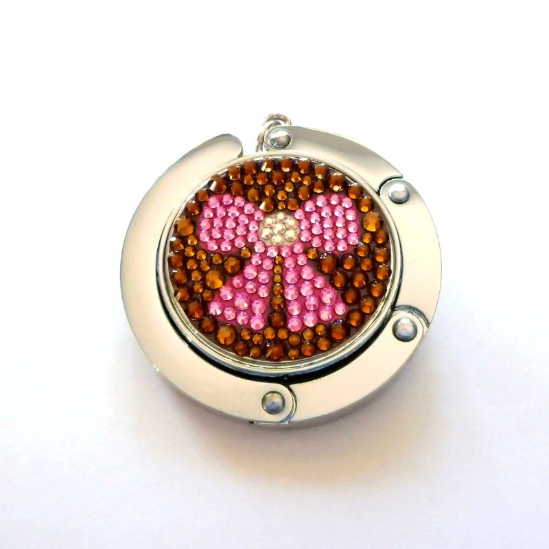 Ribbon foldable bag hanger, purse hook, bag holder made with Swarovski flatback crystals