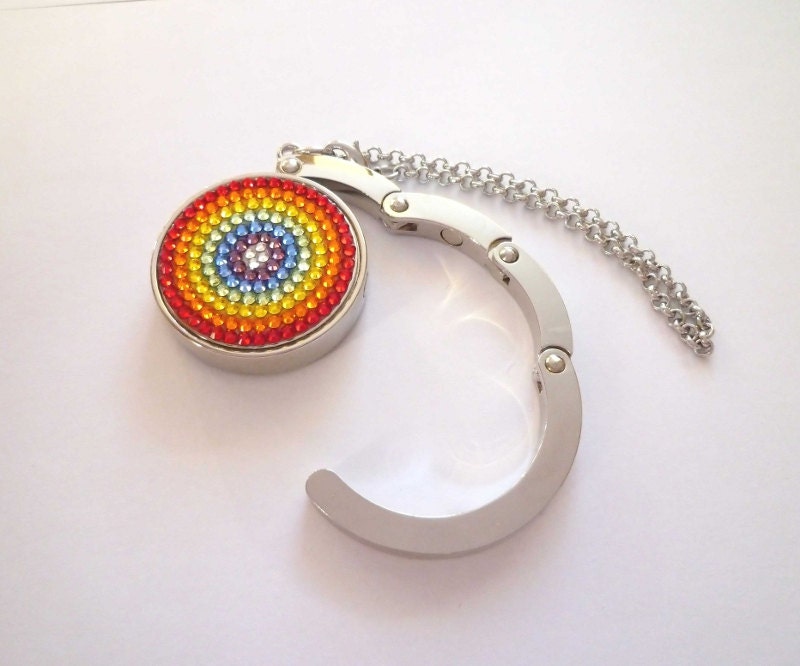 Rainbow foldable bag hanger, purse hook, bag holder made with Swarovski flatback crystals