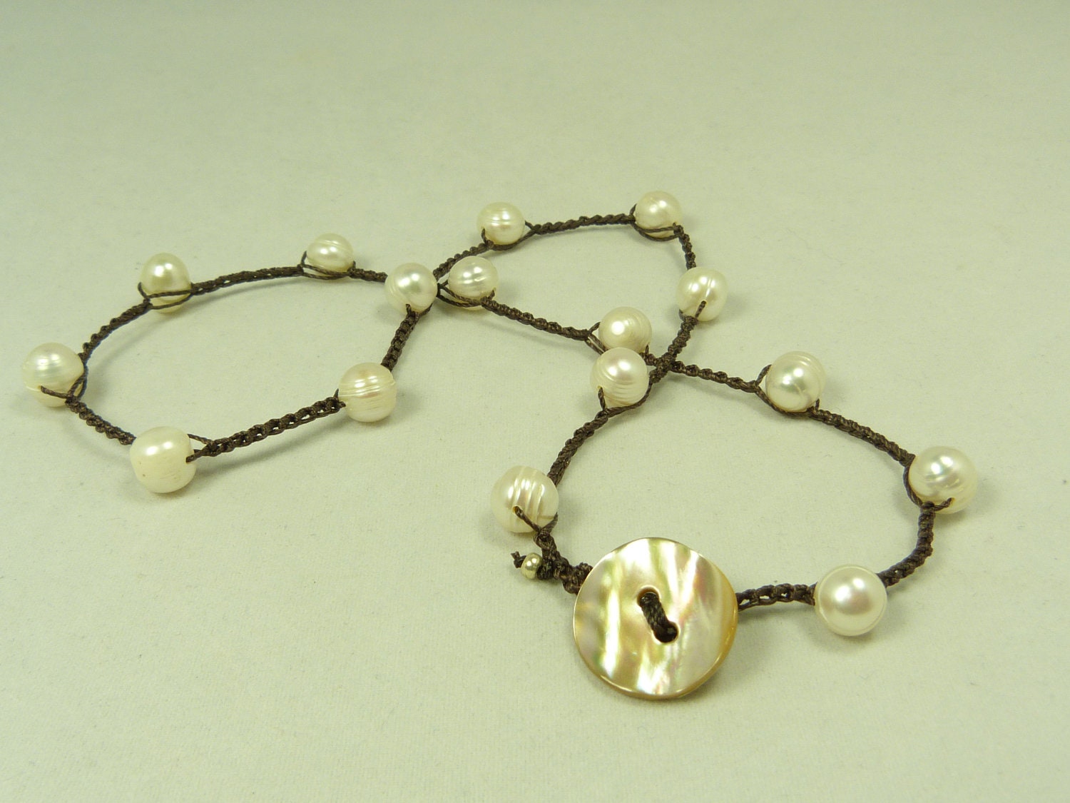 Large Fresh Water Pearls - beaded crochet necklace - Boho style - Delicate, feminine, simple statement, creamy white pearls with dark brown.
