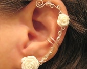 Non Pierced Cartilage  Ear Cuff  Conch Cuff "Roses are White" Silver tone Wedding Prom Bridal