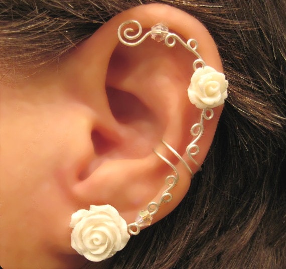 Non Pierced Cartilage  Ear Cuff  Conch Cuff "Roses are White" Silver tone Wedding Prom Bridal