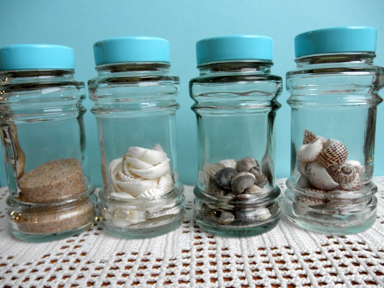 Upcycled Aqua Spice Jars - Decorative Set of 4 - Vintage Seashells & Sand - Cottage Decor - Shabby Beach Chic