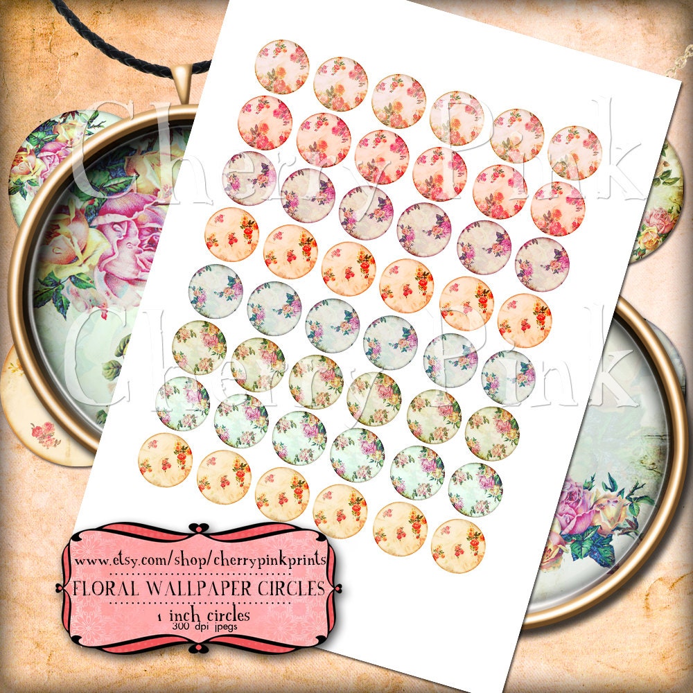 Floral Circles 1 inch circles, digital collage sheet, Vintage shabby chic style for pendants, magnets, scrapping, craft supply.
