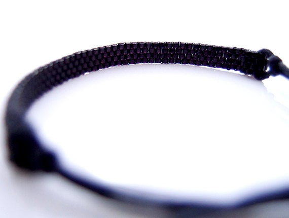 Black Bracelet, Black Beaded Cord Bracelet, Unisex Bracelet, Men Bracelet, Cotton Cord Bracelet, OOAK Bracelet, Handmade by JeannieRichard