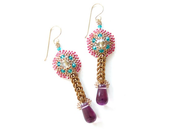 Purple Flower Earrings, Gold Chainmaille Earrings, Amethyst Earrings, Luxe Earrings, French inspired, OOAK by JeannieRichard