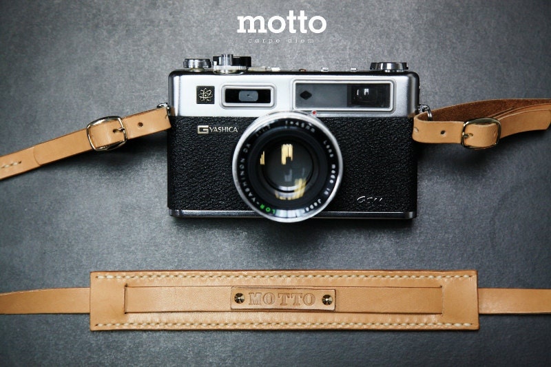 motto - Earth Yellow Leather Camera strap, handmade, hand stitched with name tag