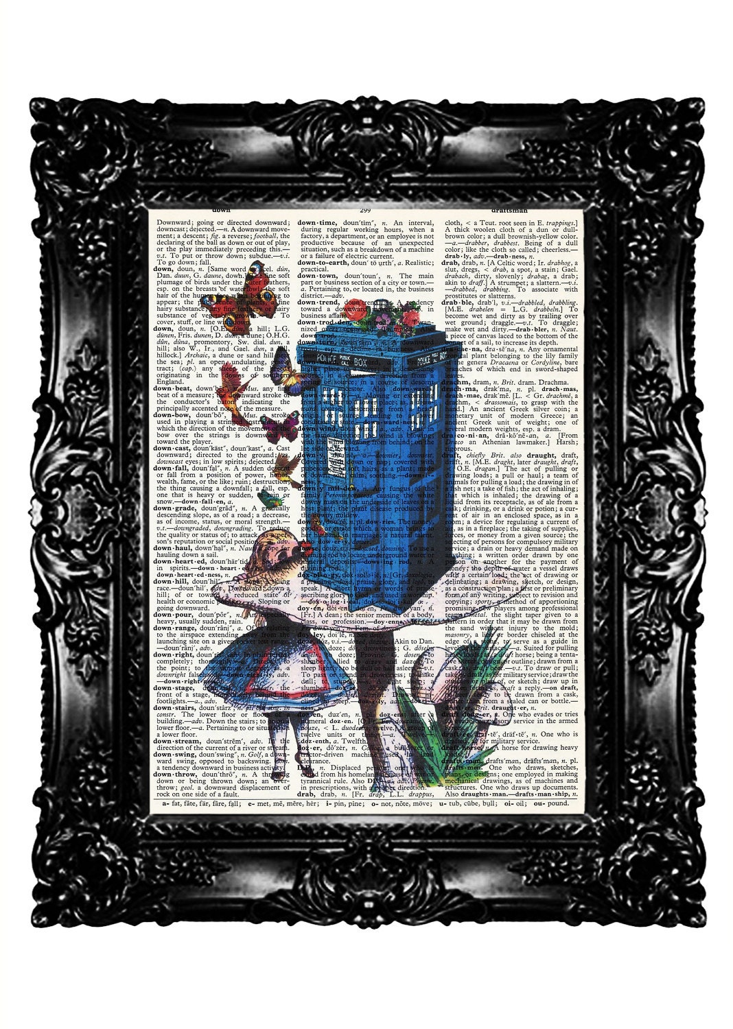 Alice in Wonderland & Tardis on Mushroom Upcycled Book Dictionary Print Art Prints Vintage Book Print dr who   Buy 3 get 4th free