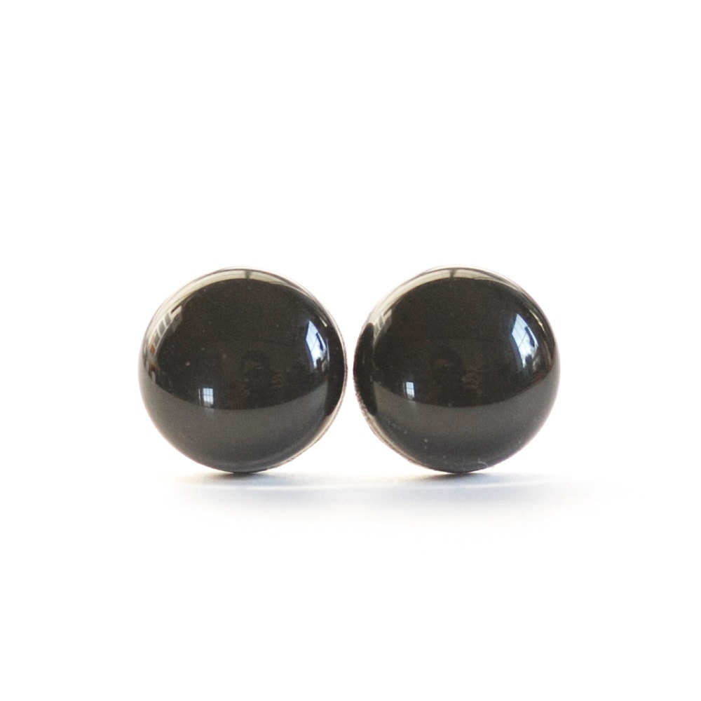 EBONY - Stud Earrings in Black - Resin & Clay Dot Studs Earrings - Little Black Dress round Posts - Stud Earings