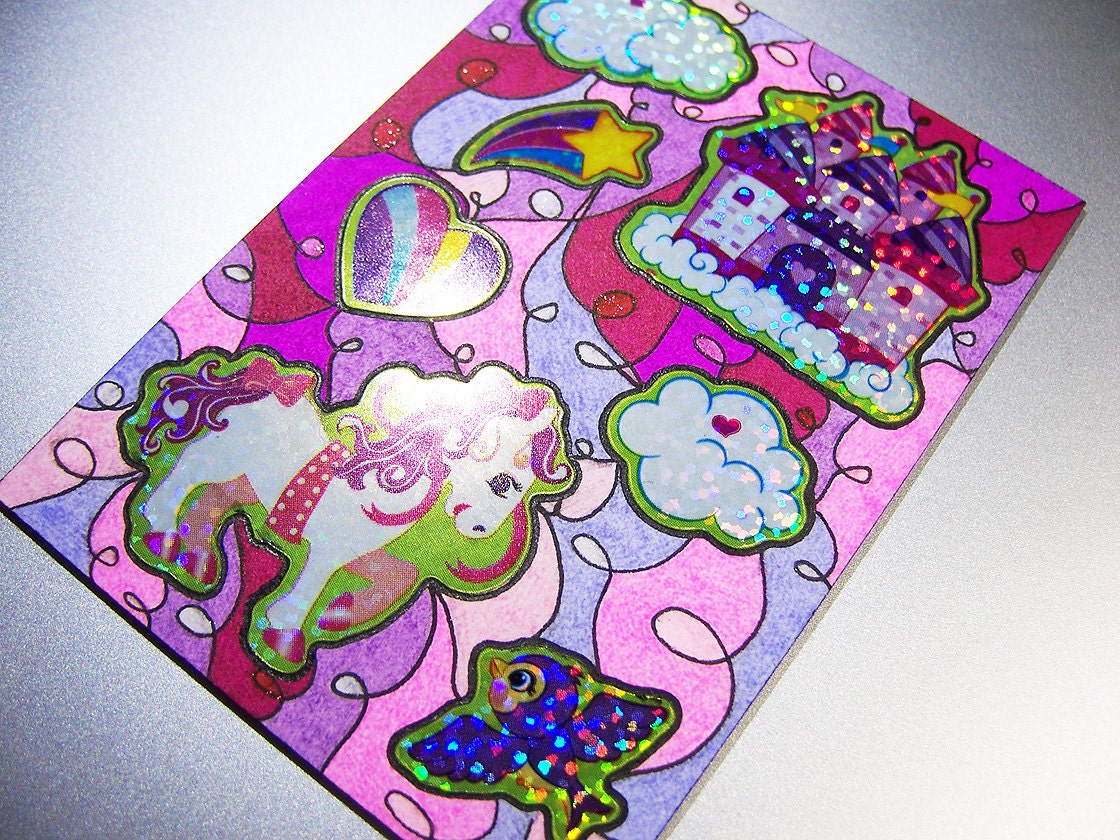 ACEO - Kawaii Pony Castle Rainbow Heart Clouds Bird - Stickers & Abstract Glitter Design
