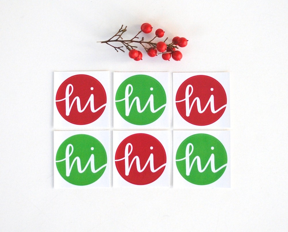 Holiday Stickers, Round Envelope Seals, Christmas Colors, Hi, Modern Calligraphy, Red and Green, Stationery Supply, Set of 10