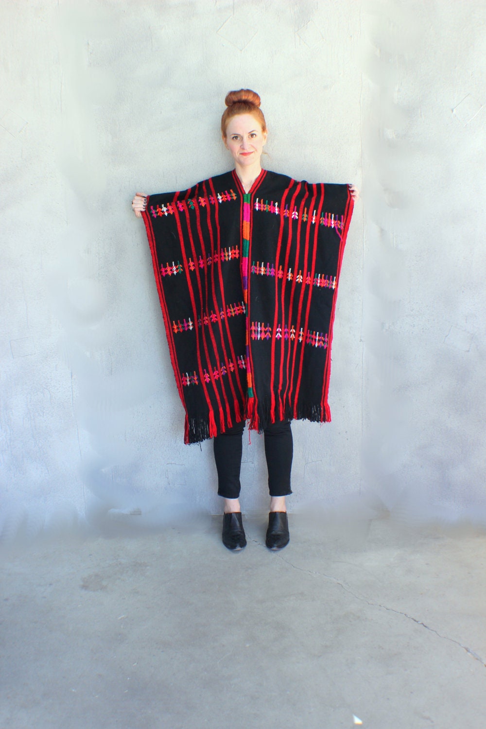 Vintage Poncho Brightly Colored Embroidered South Of the Border Poncho Large