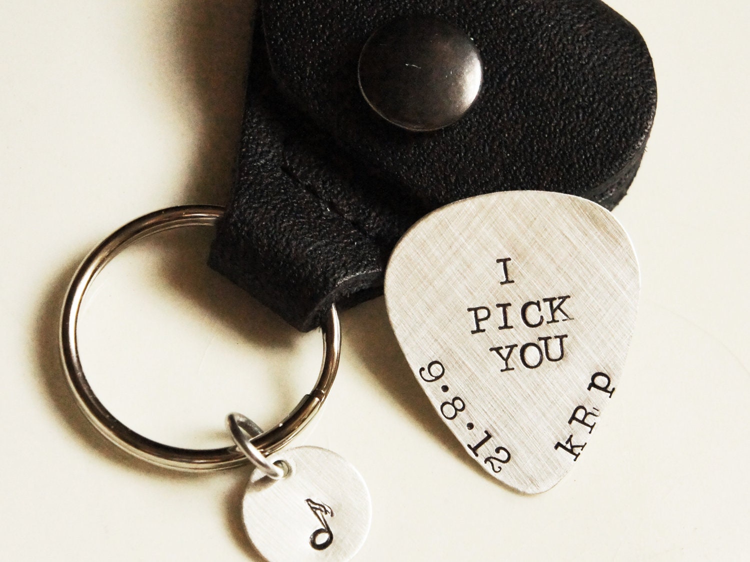 Custom Guitar Pick Keychain - Sterling Silver Personalized Hand Stamped Plectrum wLeather Keychain Case - Music Lovers Valentines Day Gift