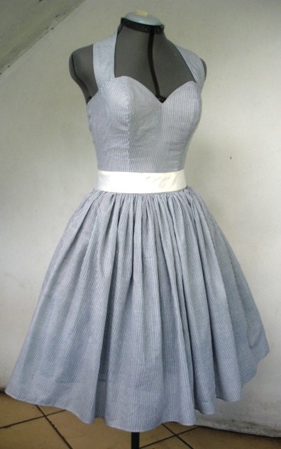 Knee Length 50s Inspired Halter Neck Cocktail Dress made from printed cotton