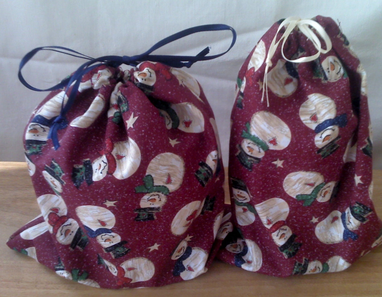 2 Fabric Gift Bags Snowmen  Upcycled Reusable