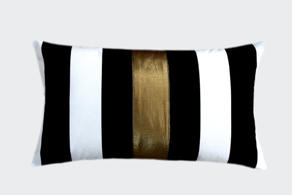 Striped Black-White Cotton Designer fabric Lumbar pillow case with a gold color fabric accent, fits 12"x20" insert.