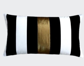 Striped Black-White Cotton Designer fabric Lumbar pillow case with a gold color fabric accent, fits 12"x20" insert.
