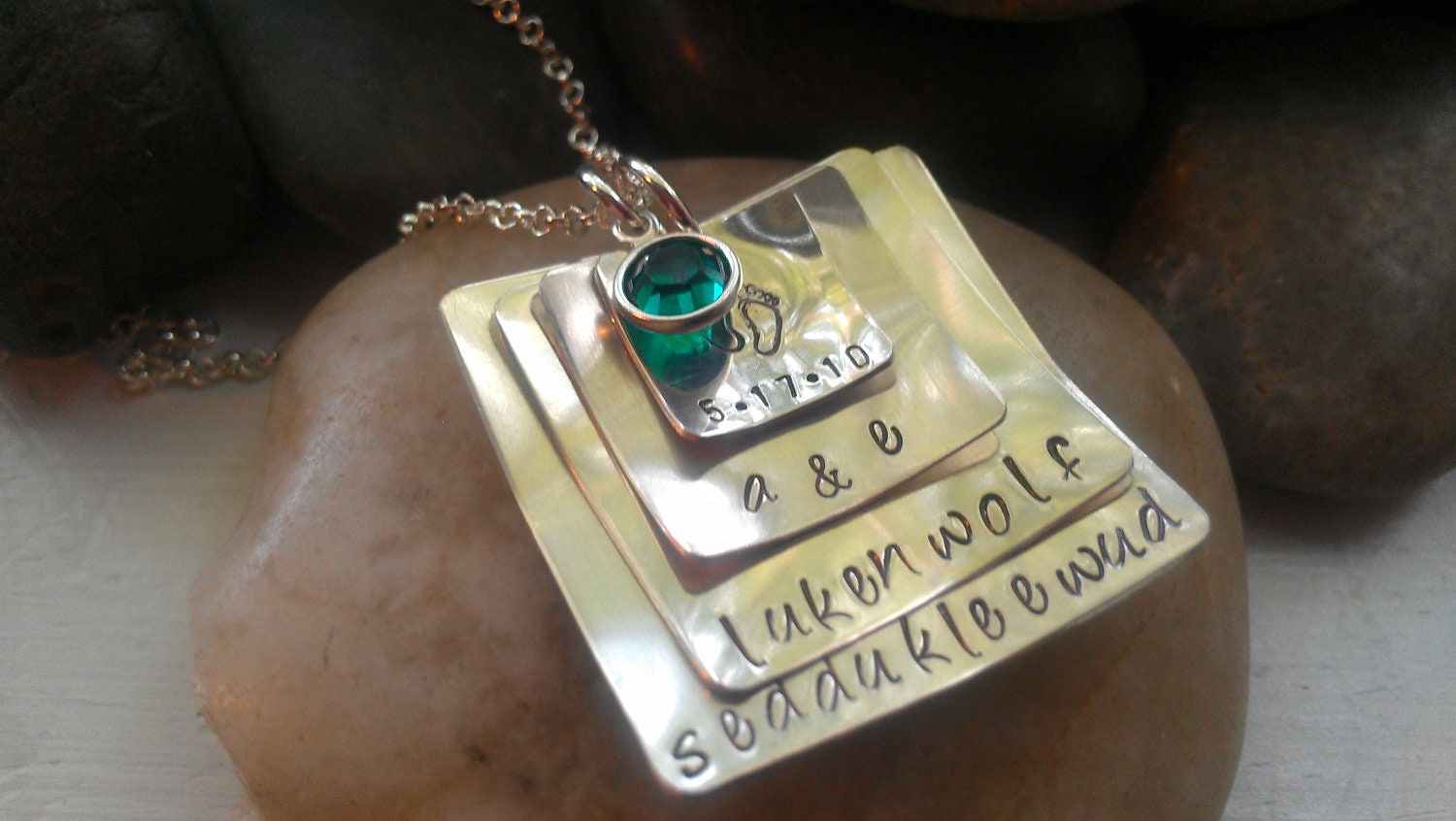 Hand stamped cupped and layered square sterling silver necklace with swarovksi crystal birthstone