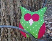 Polka Dot Stuffed Owl Handmade Plush Toy / Magenta Felted Wool and Echino Bird Print