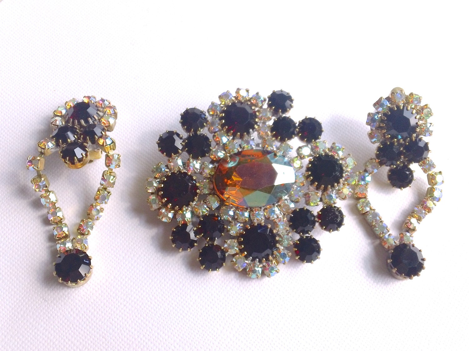 Czech Boho Brooch & Earrings Mirrored Rhinestones Ruby Red Mad Men Party Jewelry