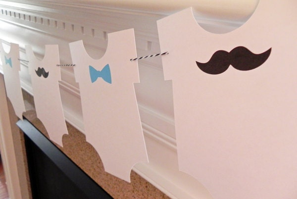 Party Banner: Little Man Bow Tie and Mustache Onesie Garland - Baby Shower or Birthday Party die cut mustaches ties