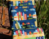 Travel Diaper Changing Set (Boy) - Wet Bag & Wipes Case - City Streets in Blue with Green and Yellow Accents