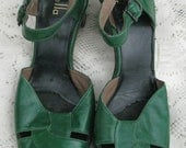 1940s Deep Green Leather Platform Peep toe Heels by Colella