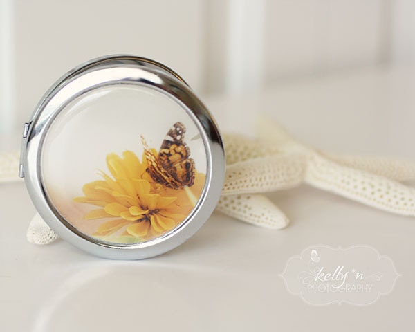Photo Mirror Compact- "Soft Summer Day", Butterfly on Yellow Zinnia Nature Photograph, 3" Double Sided Mirror- Engravable Gift Item