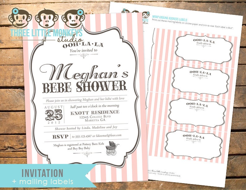 Vintage French Baby Shower Invitation plus matching Mailing Labels - Girl, Boy or Neutral colors Il_570xn