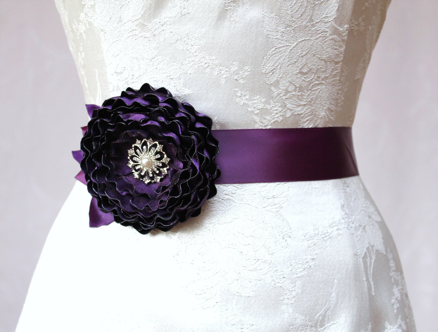 Dark Purple/ Grape Flower Wedding Ribbon Sash/  Handmade Accessory/ Free Shipping on Additional Items