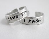 Star Wars I Love You I Know - Set of TWO Rings- Hand Stamped and Hammered Aluminum Ring - Customizable with Names