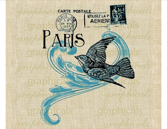 French teal digital download image Vintage Parispostcard blue bird transfer to fabric burlap papercraft decoupage pillows tote bags No. 336