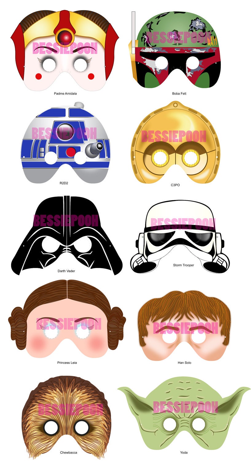 STAR WARS PARTY Printable Mask Collection. Craft Project. Includes 10 characters. New Padme Amidala and Boba Fett masks.