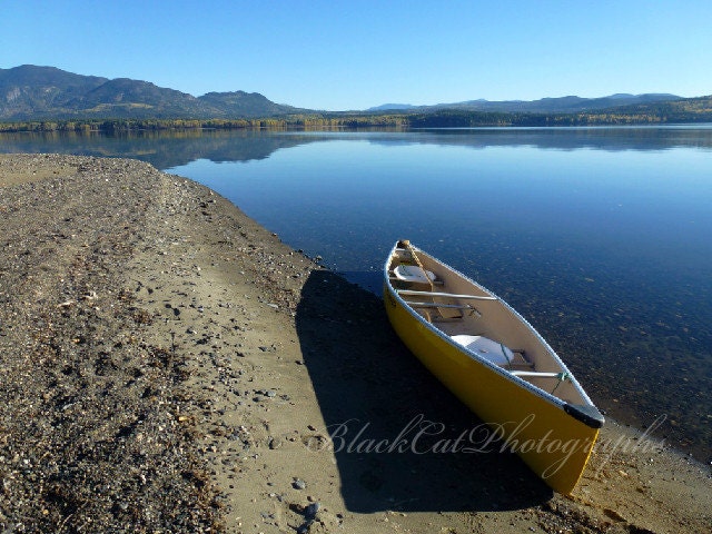 Lake decor, canoe picture, sky blue lake Fine Art Print, 5x7 holiday photo, Canadian lakeside scenic photography