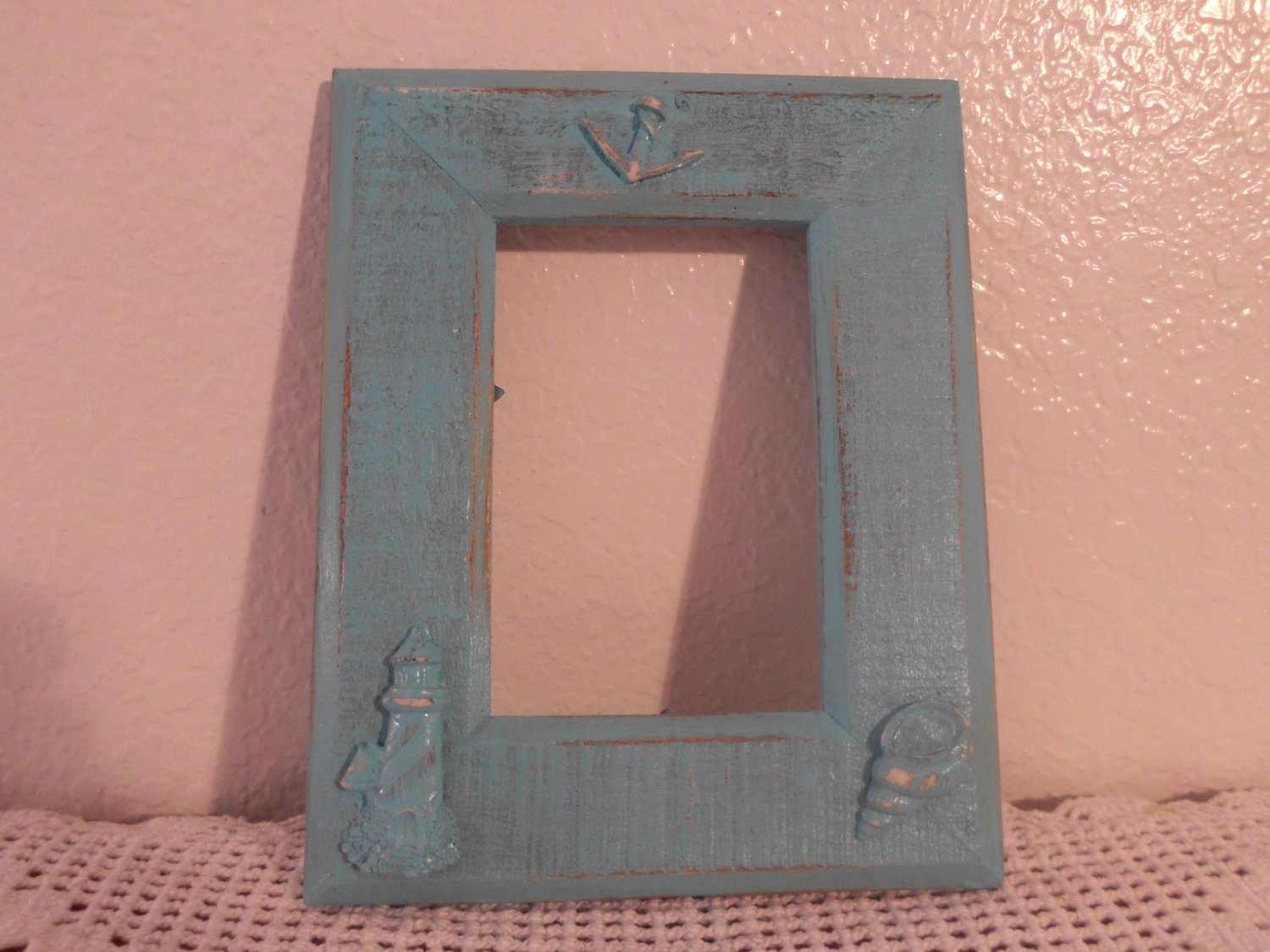 Beach Cottage Frame Shabby Chic Aqua Turquoise Tiffany Blue Coastal Cottage Home Decor Spa Retreat Distressed Seaside Lighthouse Anchor