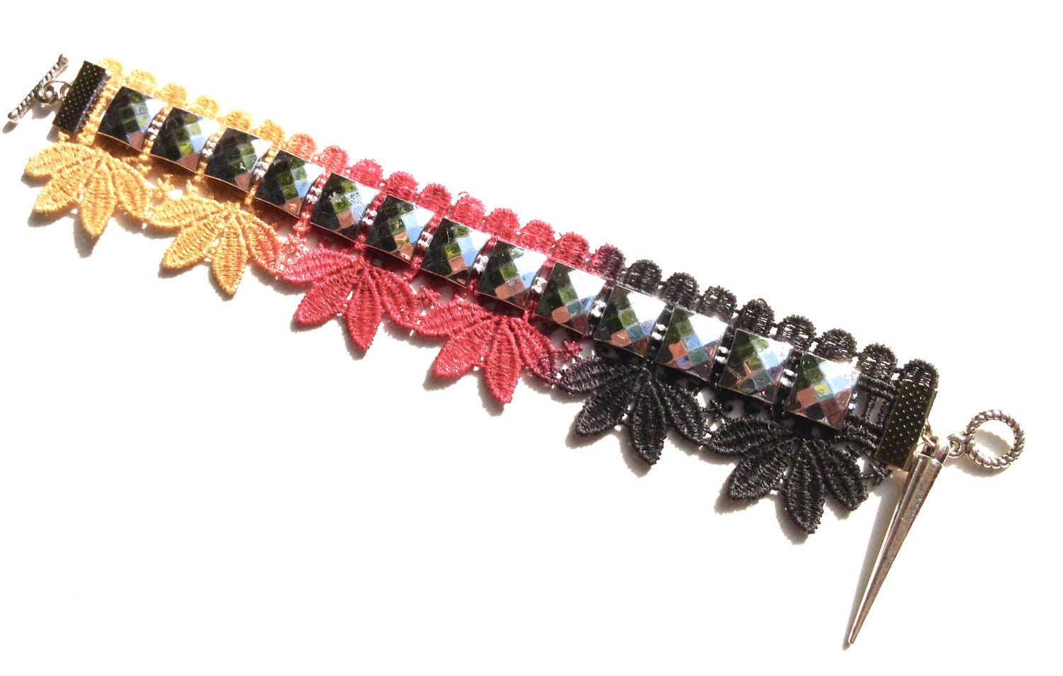 Studded Lace Bracelet Oxblood Gold Black Cuff Ombre Spike Jewelry Hand Painted