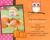 Pumpkin Owl Birthday Invitation - Fall Party Custom  Printable Photo Card
